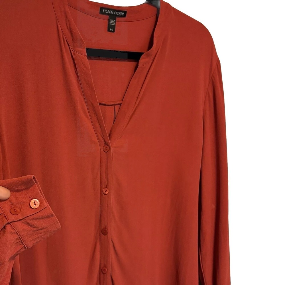 Eileen Fisher 100% Silk Large V-neck Button Down Rust Tunic Long Shirt Minimal‎